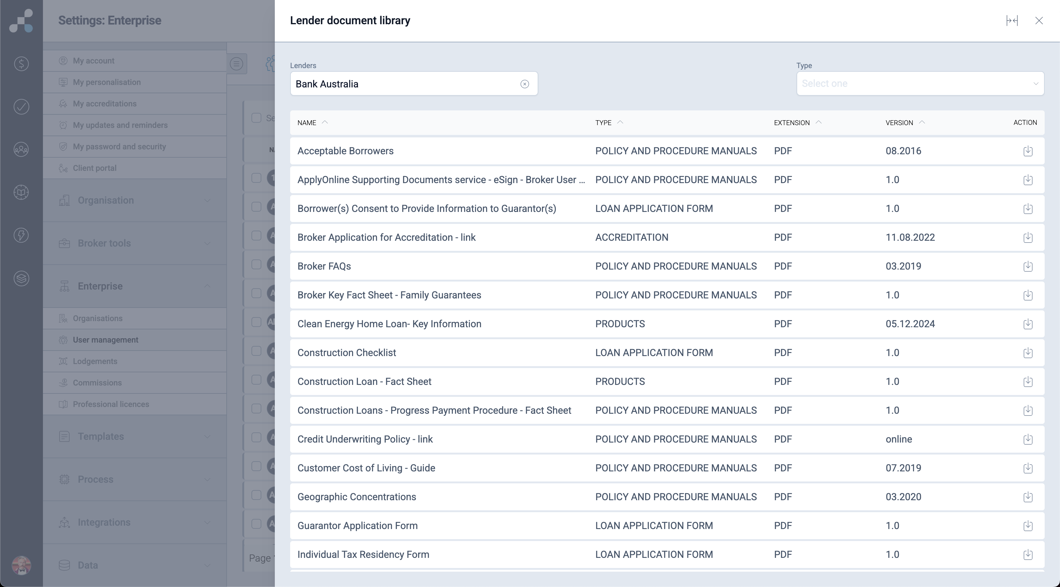 Salestrekker CRM screen showing lender documentation for application process Salestrekker CRM Lender library